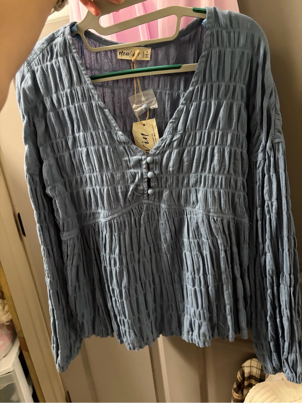 New! Textured V-Neck Long Sleeve Top in Dusty Blue